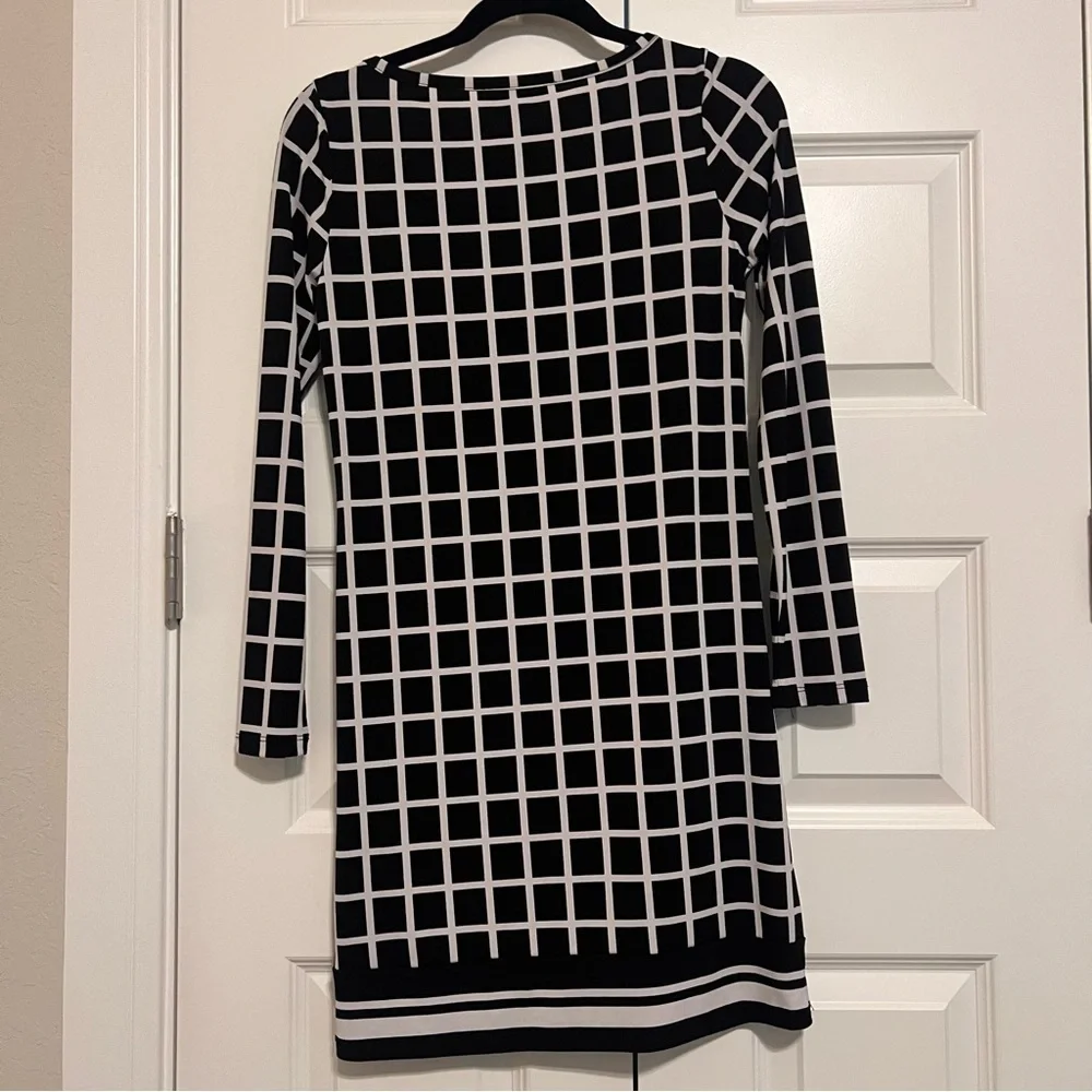 Michael Kors Black and White Checkered Long Sleeve Dress